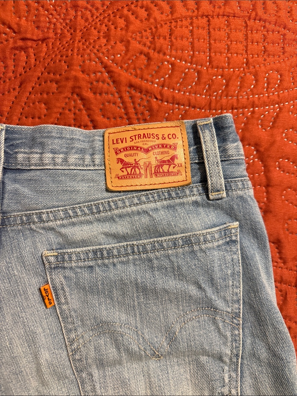 Levi's Light Blue Denim Shorts with Tan Leather Patch